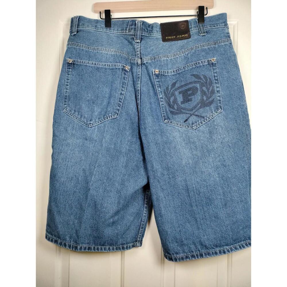 Vintage Phatta Phat Farm Baggy Denim Shorts Mens 38 Blue Y2K Hip Hop Embroidered